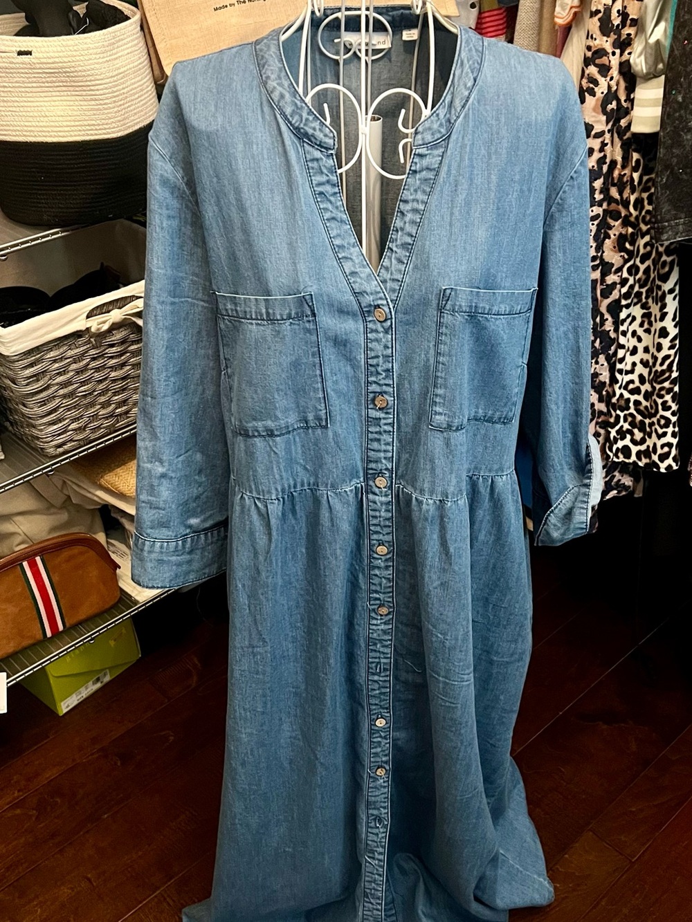 Westbound Light Blue Denim Button-Front Maxi Dress with Patch Pockets
